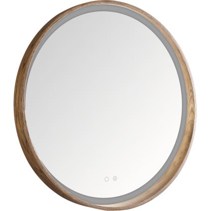Zuma Line - Oglindă LED încălzită pentru baie, montaj pe perete, cu retroiluminare LED, 36W, 230V, temperatură de culoare selectabilă 3000/4000/6000K, Ø 80 cm, IP44, finisaj stejar