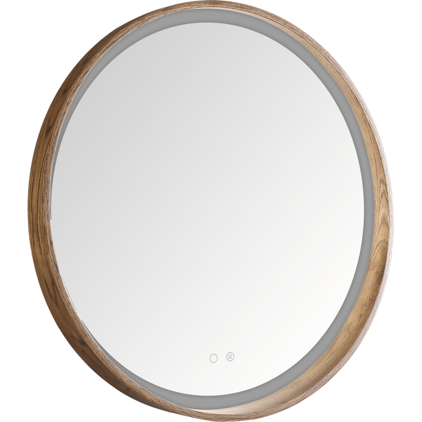 Zuma Line - Oglindă LED încălzită pentru baie, montaj pe perete, cu retroiluminare LED, 36W, 230V, temperatură de culoare selectabilă 3000/4000/6000K, Ø 80 cm, IP44, finisaj stejar